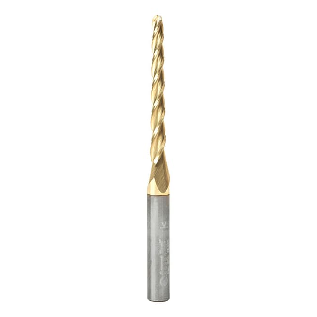 1/8" x 3" CNC 2D/3D Carving 1° Tapered Ball Tip Up-Cut ZrN Coated Spiral Router Bit, 3-Flute, 1/4" Shank