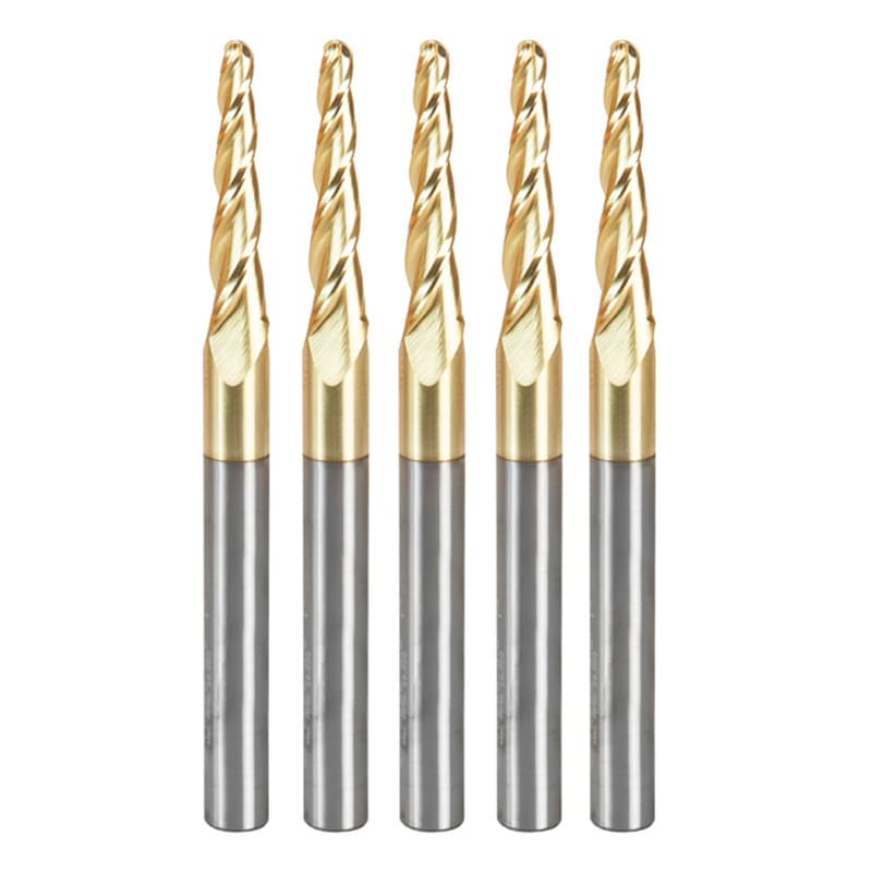 1/8" x 3" CNC 2D/3D Carving 3.6° Tapered Ball Tip Up-Cut ZrN Coated Spiral Router Bit, 3-Flute, 1/4" Shank (5 Pack)