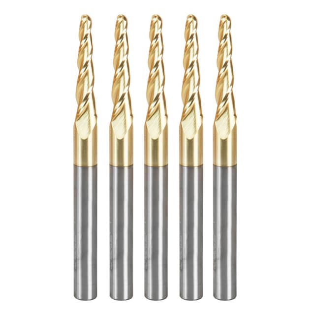 1/8" x 3" CNC 2D/3D Carving 3.6° Tapered Ball Tip Up-Cut ZrN Coated Spiral Router Bit, 3-Flute, 1/4" Shank (5 Pack)