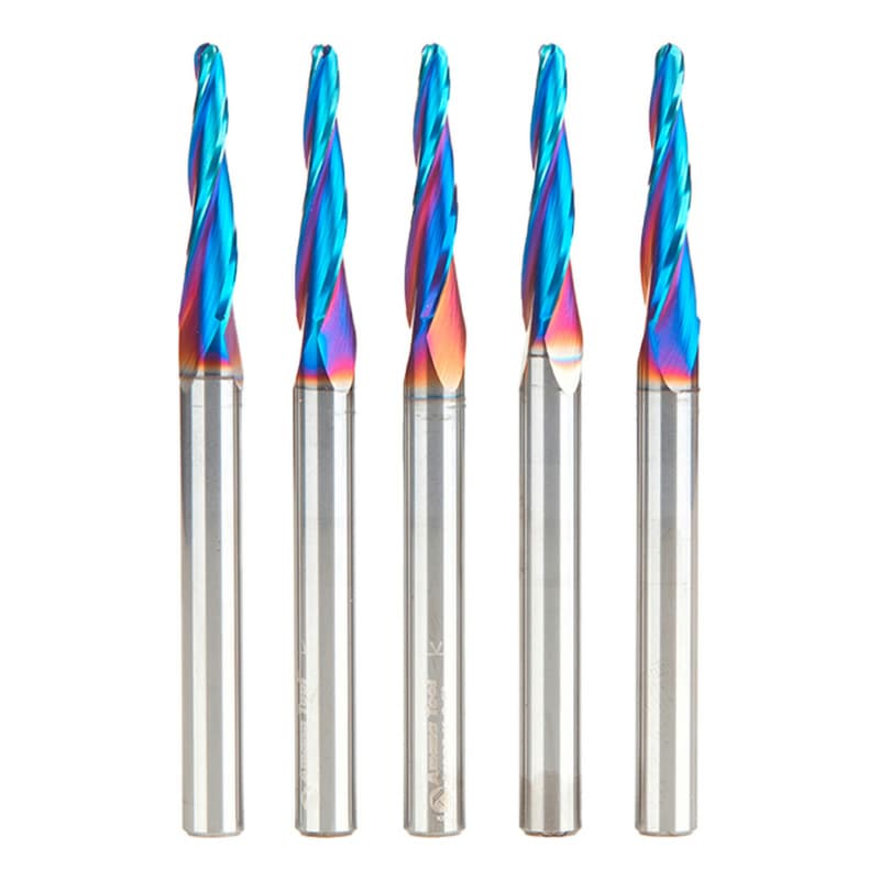 1/8" x 3" CNC 2D/3D Carving Tapered Ball Tip Up-Cut Spektra Spiral Router Bit, 3-Flute, 1/4" Shank (5 Pack)