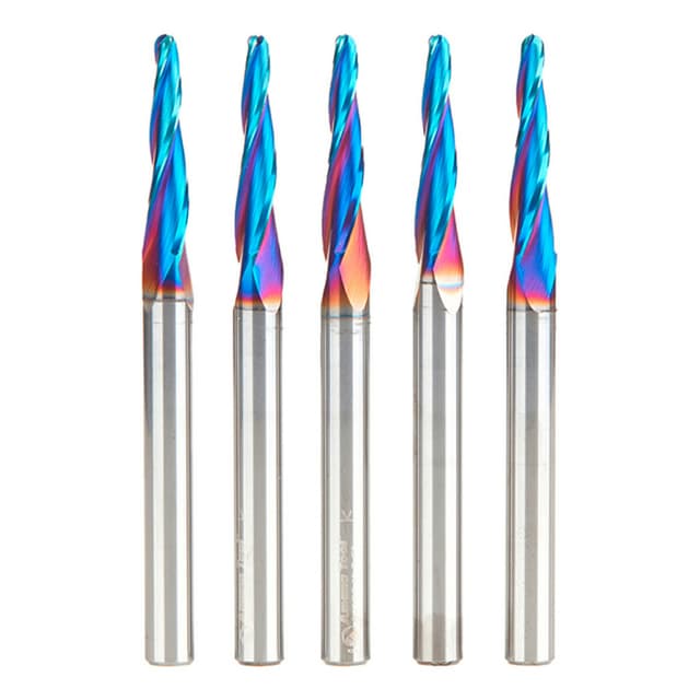 1/8" x 3" CNC 2D/3D Carving Tapered Ball Tip Up-Cut Spektra Spiral Router Bit, 3-Flute, 1/4" Shank (5 Pack)