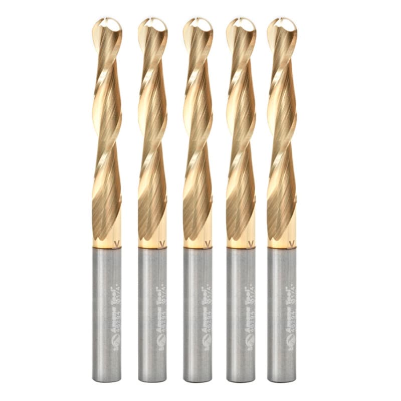 1/4" x 3" CNC 2D/3D Carving Straight Ball Tip ZrN Coated Router Bit, 2-Flute, 1/4" Shank (5 Pack)