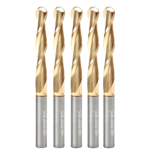 1/4" x 3" CNC 2D/3D Carving Straight Ball Tip ZrN Coated Router Bit, 2-Flute, 1/4" Shank (5 Pack)