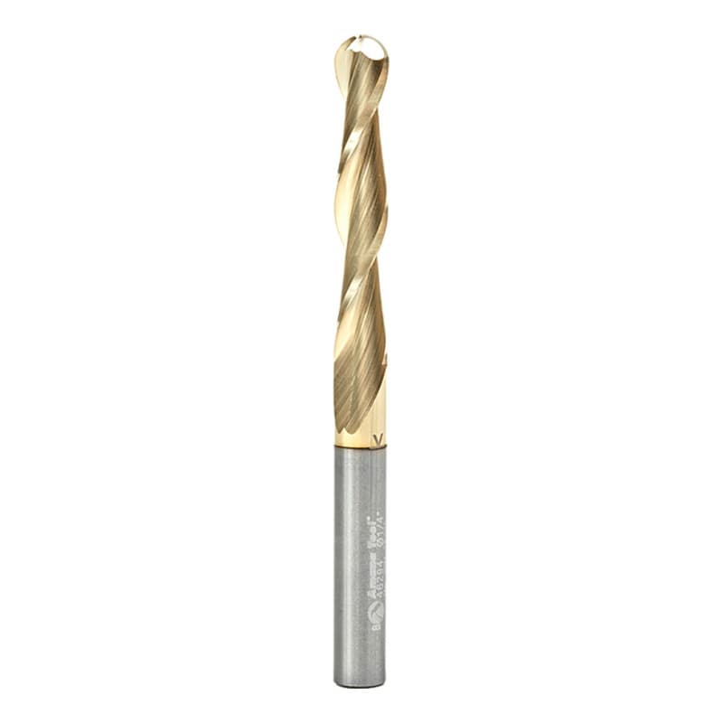 1/4" x 3" CNC 2D/3D Carving Straight Ball Tip ZrN Coated Router Bit, 2-Flute, 1/4" Shank