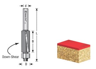 3/8" x 2-1/8" Dynabit Down-Shear Laminate Flush Trim Bit, 2-Flute, 1/4" Shank