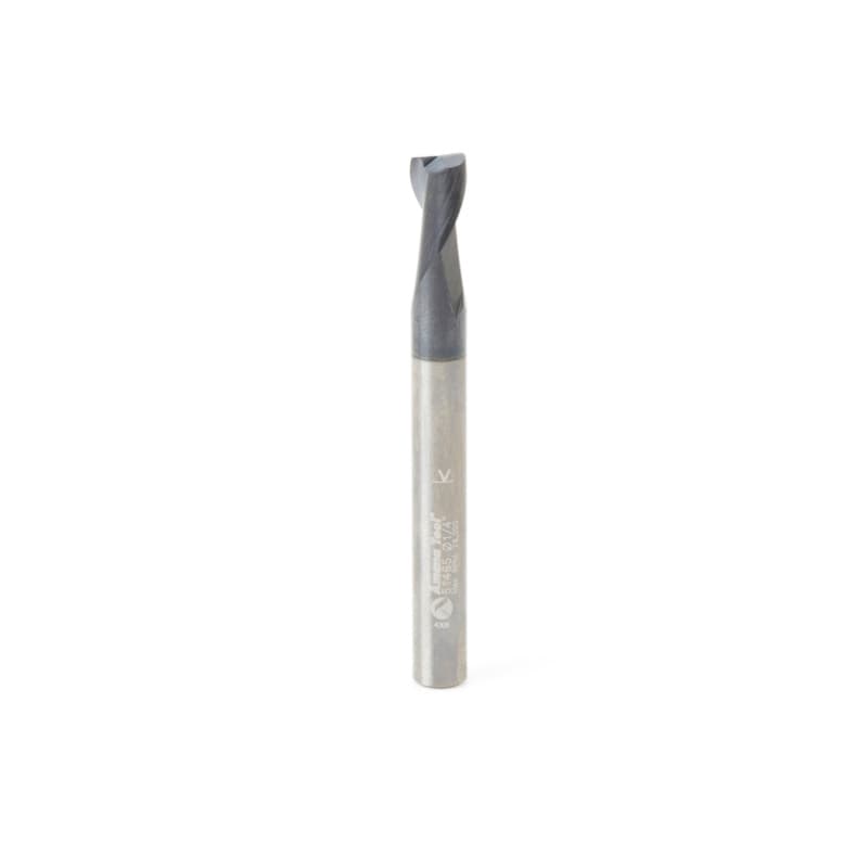 1/4" Dia x 3/8" CNC Solid Carbide Spiral Router Bit for Steel/Stainless Steel with AlTiN Coating 2-Flute, 1/4" Shank, 2-1/2" Long Up-Cut Router Bit, 45º Corner Chamfer End Mill