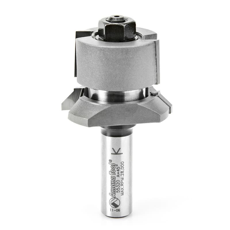 1-13/16" Dia x 1/2" to 1-3/16" Carbide Tipped V Paneling 45° Flush Trim Bit, 1/2" Shank with Ball Bearing Assembly