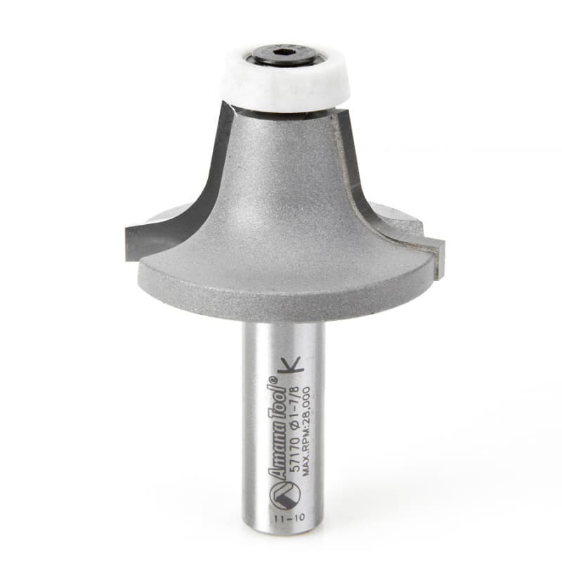 1-7/8" Dia x 1" Carbide Tipped Round Over with Ultra-Glide Radius Bearing Guide Solid Surface, 10°, 3/8 Radius, 1/2" Shank