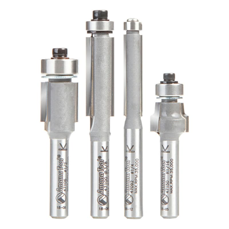 4-Piece Flush Trim Bit Collection with Ball Bearing, 1/4" Shank