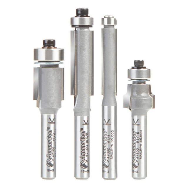 4-Piece Flush Trim Bit Collection with Ball Bearing, 1/4" Shank