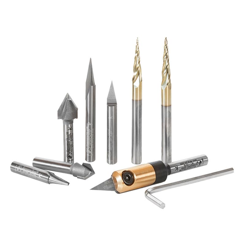 8-Piece 'V' Carving CNC Router Bit Collection, 1/4" Shank