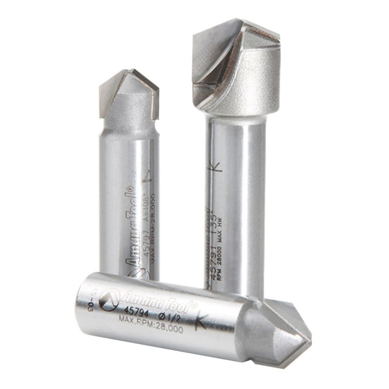 3-Piece V-Groove Router Bit Set for Double Edge Folding ACM Panel, 1/2" Shank