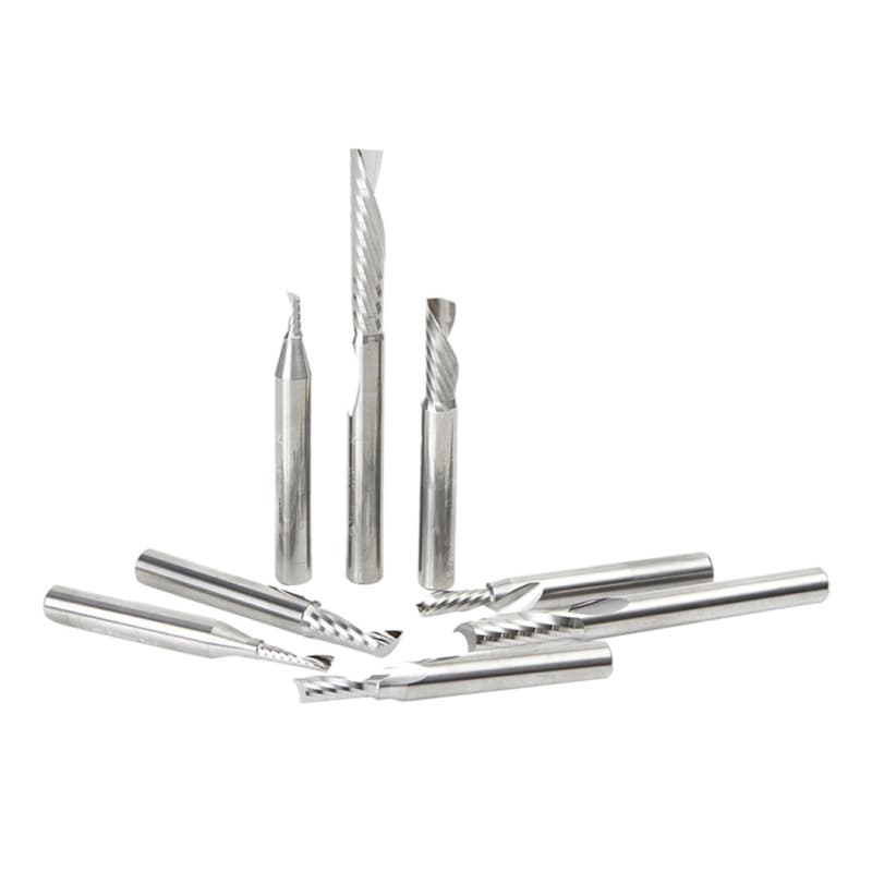 8-Piece CNC 'O' Flute Aluminum Cutting Spiral Router Bit Collection, 1/4" Shank