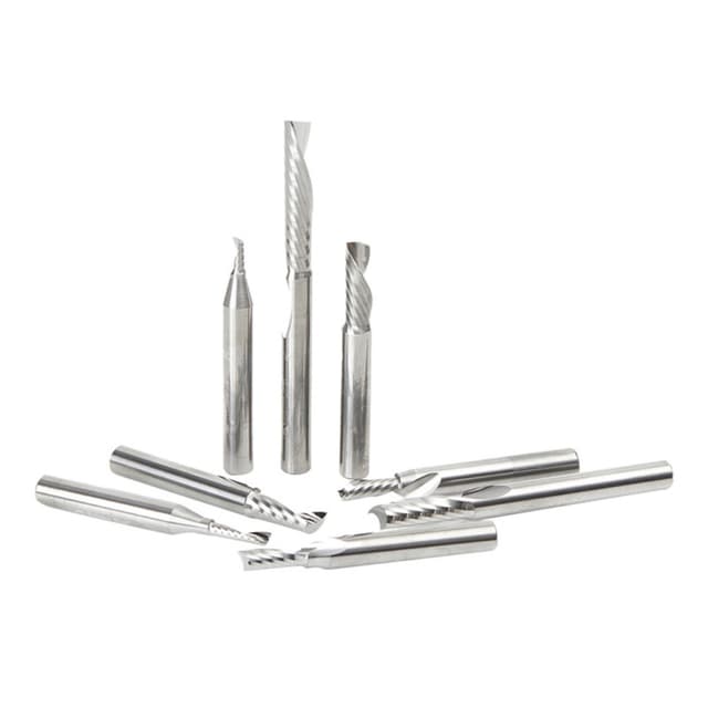 8-Piece CNC 'O' Flute Aluminum Cutting Spiral Router Bit Collection, 1/4" Shank