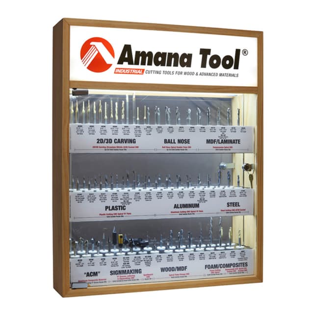 52-Piece Master CNC Router Bit Collection with LED Illuminated/Mirrored Interior/Solid Wood Display, 1/4" Shank