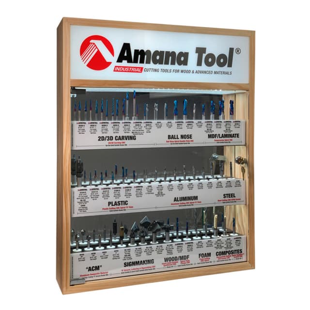 57-Piece Master CNC Router Bit Collection with LED Illuminated/Mirrored Interior/Solid Wood Display