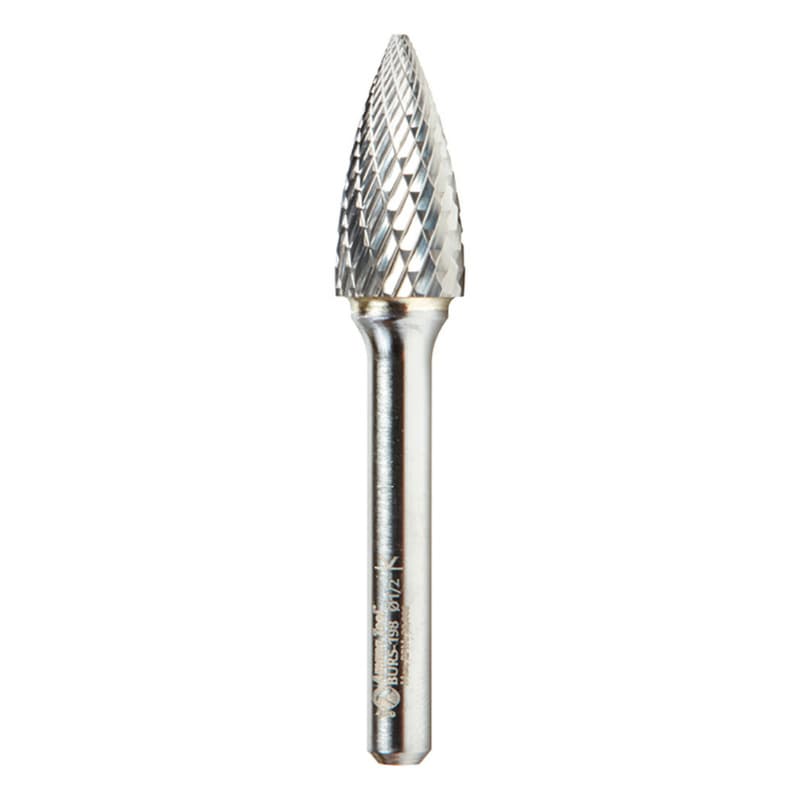1/2" x 2-3/4" Pointed Tree Shape Double Cut Burr Bit, 1/4" Shank