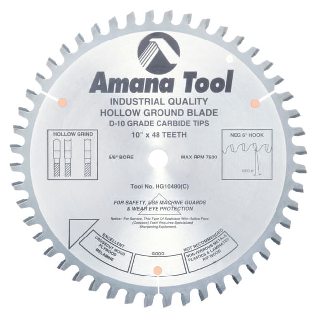 10" Dia x 48T Carbide Tipped Hollow Ground
