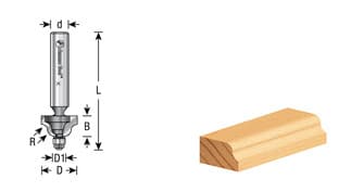 9/16" x 1-7/8" x 3/32" Radius Miniature Roman Ogee Bit with Mini 3/16" Lower Ball Bearing, 2-Flute, 1/4" Shank