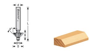 9/16" x 1-7/8" Miniature Chamfer Router Bit with Lower Ball Bearing, 2-Flute, 1/4" Shank