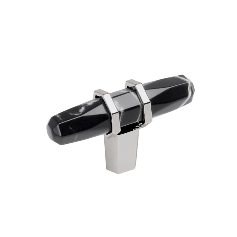 2-1/2" Carrione T-Handle Cabinet Knob, Marble Black/Polished Chrome
