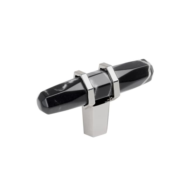 2-1/2" Carrione T-Handle Cabinet Knob, Marble Black/Polished Chrome