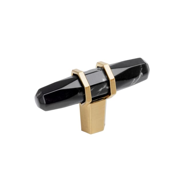 2-1/2" Carrione T-Handle Cabinet Knob, Marble Black/Champagne Bronze
