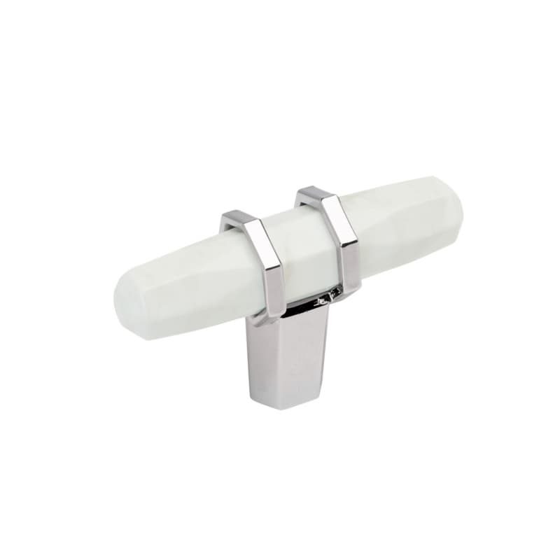 2-1/2" Carrione T-Handle Cabinet Knob, Marble White/Polished Chrome