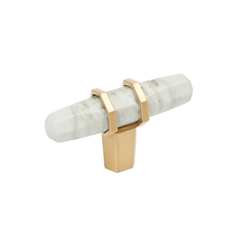 2-1/2" Carrione T-Handle Cabinet Knob, Marble White/Champagne Bronze