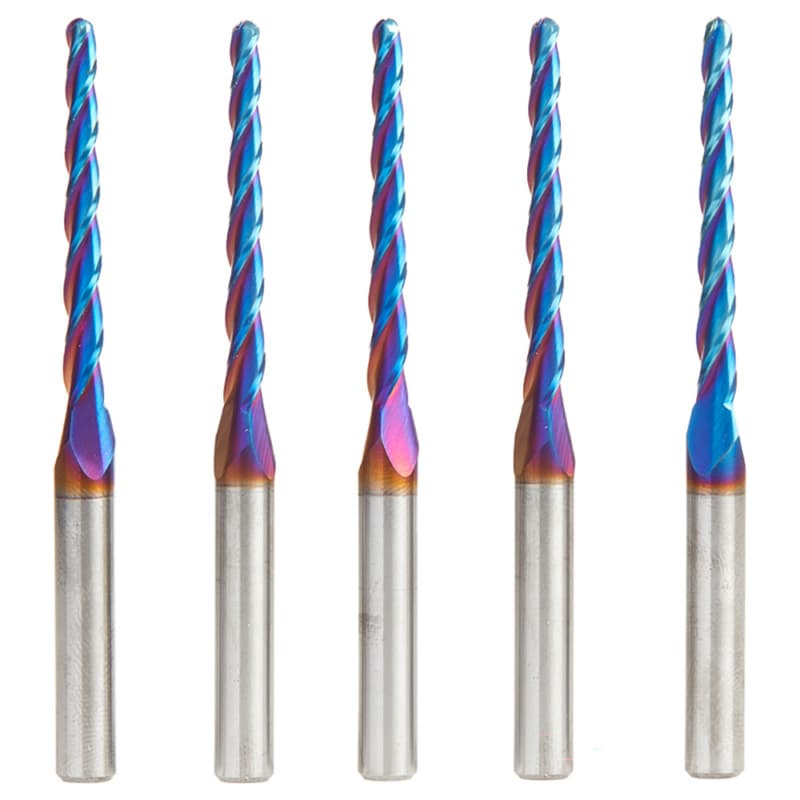 1/8" x 3" 5-Piece CNC 2D/3D Carving 1° Tapered Angle Ball Up-Cut Spektra Extreme Tool Life Coated Spiral Router Bit, 3-Flute, 1/4" Shank