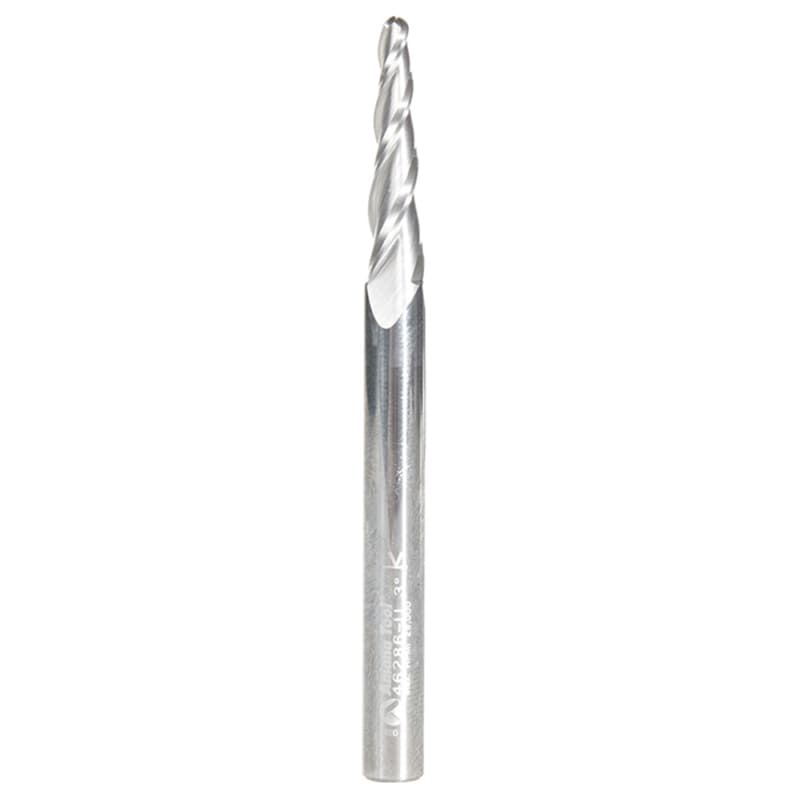 1/8" x 3" CNC 2D/3D Carving Tapered Ball Tip Up-Cut Spiral Router Bit, 3-Flute, 1/4" Shank