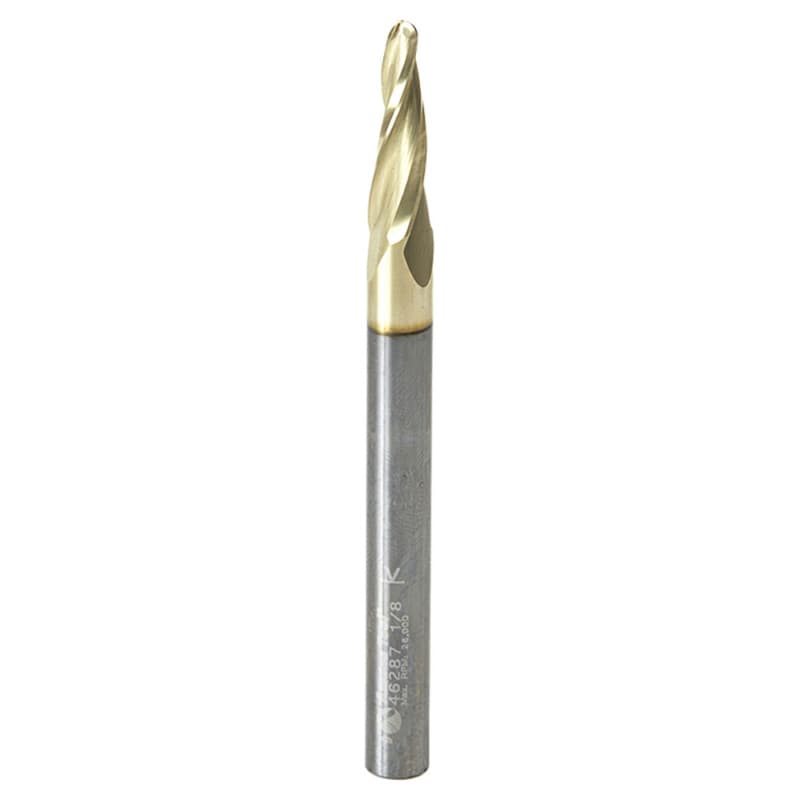 1/8" x 3" CNC 2D/3D Carving 5° Tapered Ball Tip Up-Cut ZrN Coated Spiral Router Bit, 3-Flute, 1/4" Shank