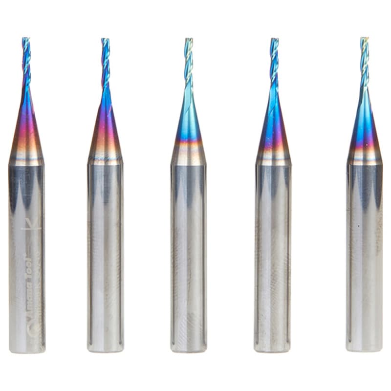 1/16" x 2" 5-Piece CNC 2D/3D Carving 0.10° Flat Bottom Up-Cut Spektra Extreme Tool Life Coated Spiral Router Bit, 3-Flute, 1/4" Shank