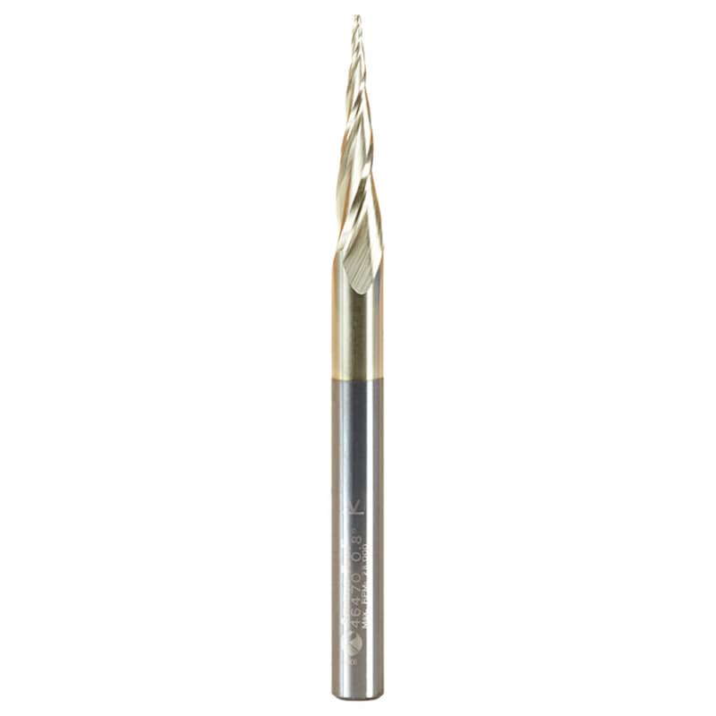 0.8mm x 75mm 2D/3D Carving Tapered Ball Tip ZrN Coated Up-Cut Spiral Router Bit, 3-Flute, 6mm Shank