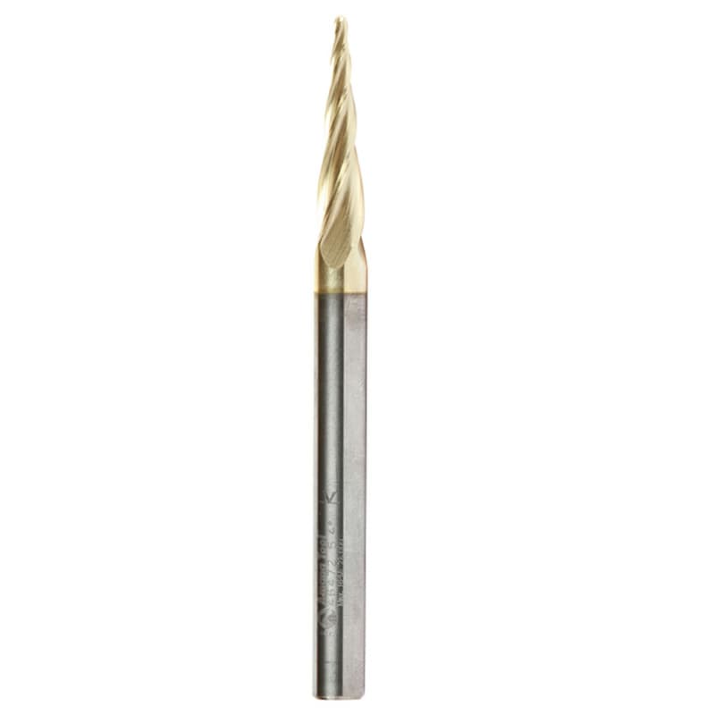 1.5mm x 75mm 2D/3D Carving Tapered Ball Tip ZrN Coated Up-Cut Spiral Router Bit, 4-Flute, 6mm Shank