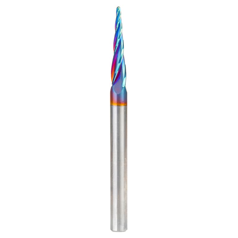 1.5mm x 75mm CNC 2D/3D Carving 5.4° Tapered Angle Ball Up-Cut Spektra Extreme Tool Life Coated Spiral Router Bit, 4-Flute, 6mm Shank