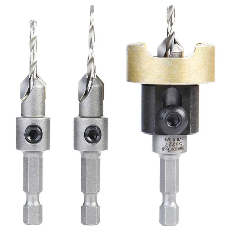 AMS-624 3-Piece Carbide Tipped Countersink with Adjustable Depth Stop/No-Thrust/No-Mar Ball Bearing Set with Quick Release Hex Shank