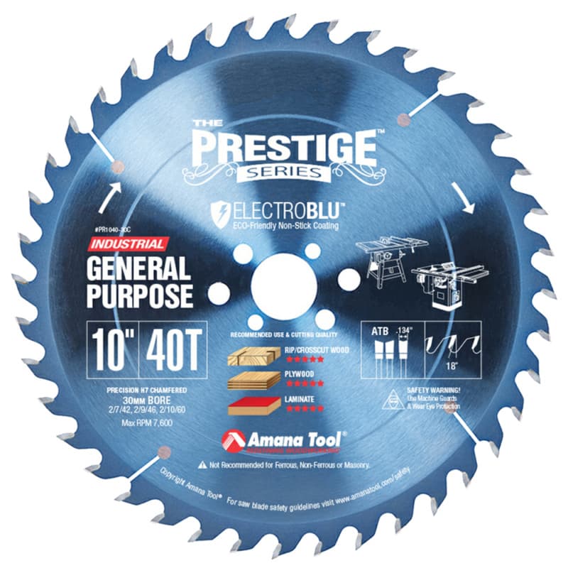 10" Dia x 30mm 18° 40 Teeth Bore ATB Electro-Blu Carbide Tipped Prestige General Purpose Blade, Non-Stick Coated