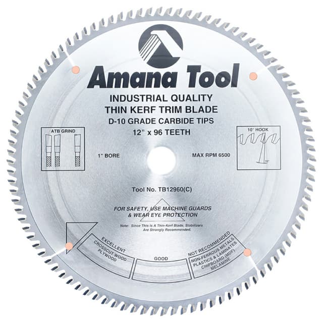 12" x 96 Teeth Thin Kerf Trim Saw Blade, Alternate Top Bevel