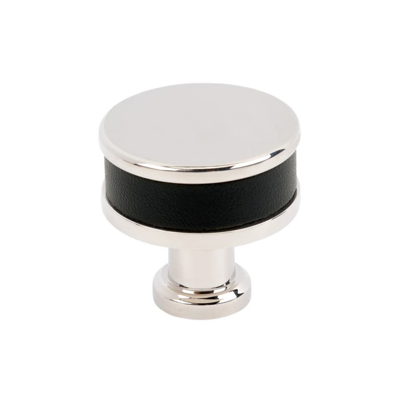 32mm Fairlane Cabinet Knob, Black Leather/Polished Nickel