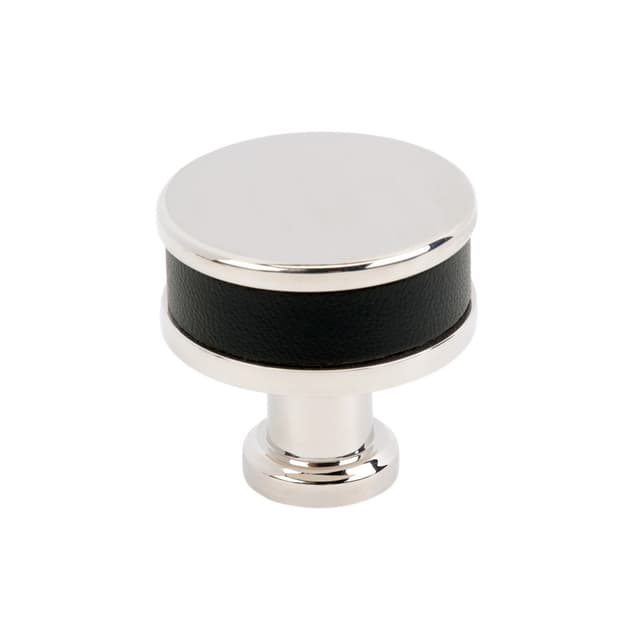 32mm Fairlane Cabinet Knob, Black Leather/Polished Nickel