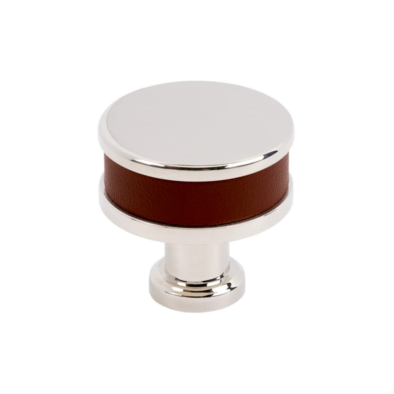 32mm Fairlane Cabinet Knob, Brown Leather/Polished Nickel