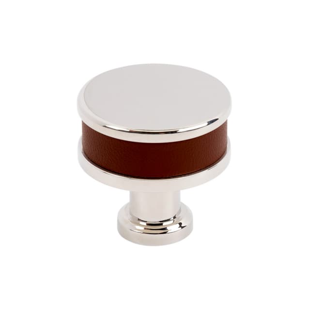 32mm Fairlane Cabinet Knob, Brown Leather/Polished Nickel