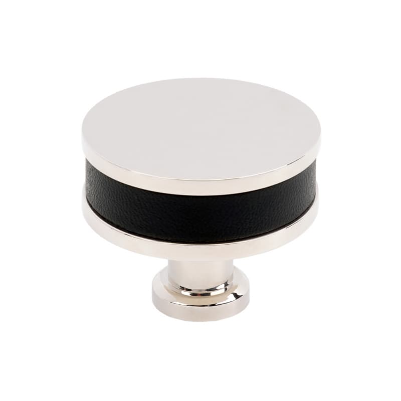 38mm Fairlane Cabinet Knob, Black Leather/Polished Nickel