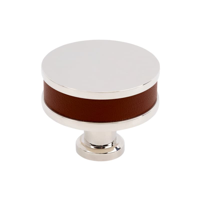 38mm Fairlane Cabinet Knob, Brown Leather/Polished Nickel