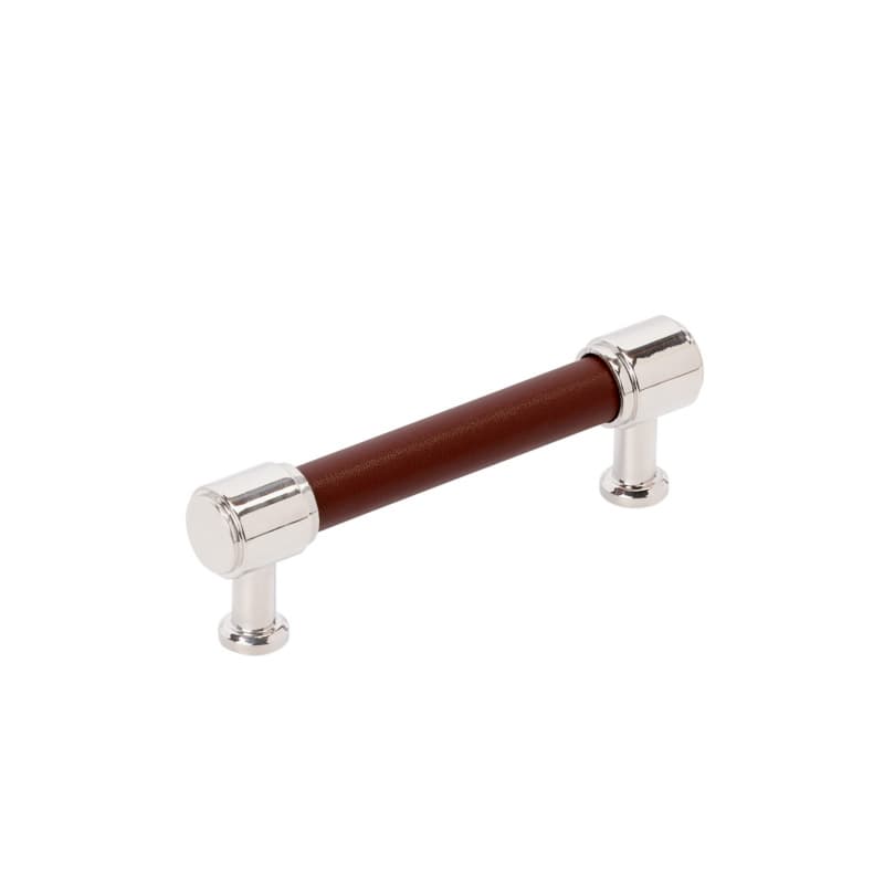 96mm Fairlane Cabinet Pull, Brown Leather/Polished Nickel
