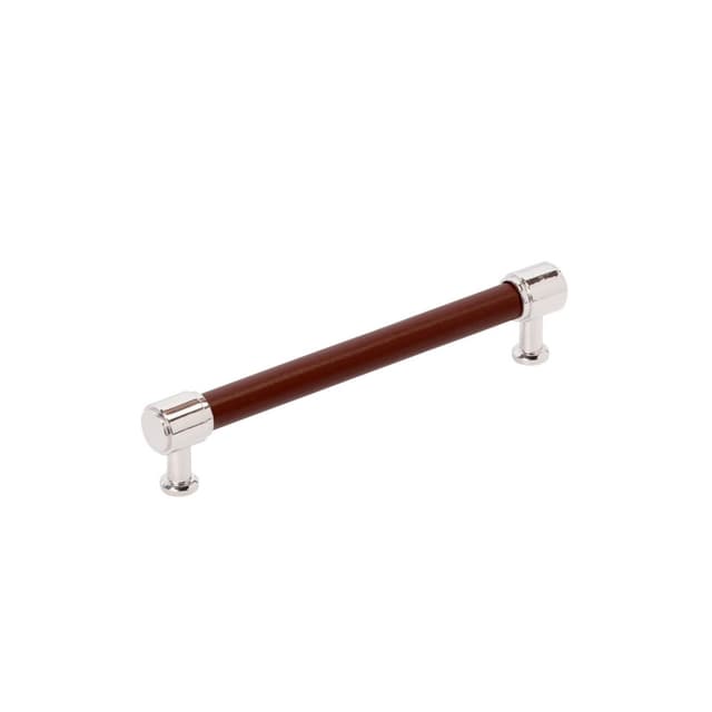160mm Fairlane Cabinet Pull, Brown Leather/Polished Nickel