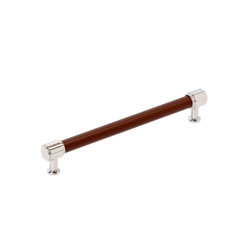 192mm Fairlane Cabinet Pull, Brown Leather/Polished Nickel