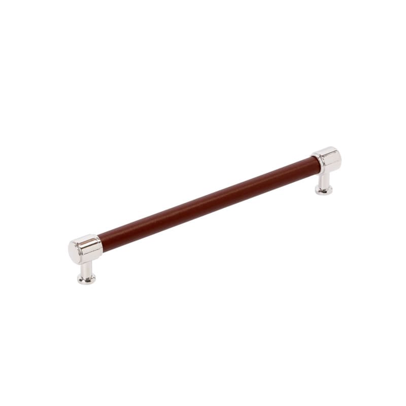 224mm Fairlane Cabinet Pull, Brown Leather/Polished Nickel