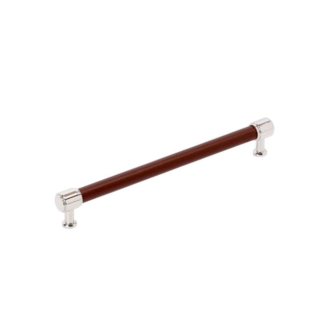 224mm Fairlane Cabinet Pull, Brown Leather/Polished Nickel